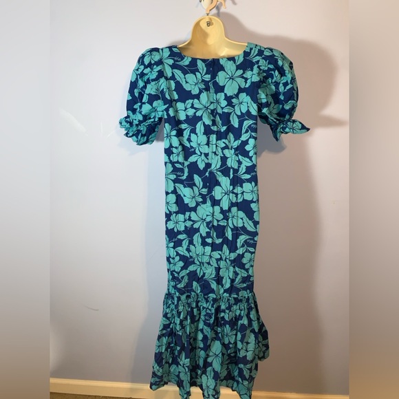 Handmade hibiscus Floral Blue Dress short puff sleeve mermaid square neckline S - Picture 3 of 7